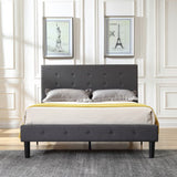 Cambridge Upholstered Platform Bed | Headboard and Metal Frame with Wood Slat Support | Grey, Queen