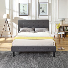 Cambridge Upholstered Platform Bed | Headboard and Metal Frame with Wood Slat Support | Grey, Queen