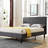 Cambridge Upholstered Platform Bed | Headboard and Metal Frame with Wood Slat Support | Grey, Queen