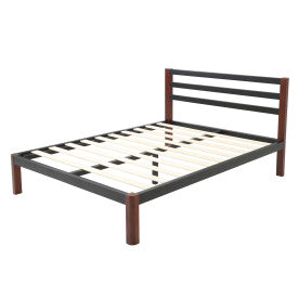 DeCoro Tilbury Wood Slat and Metal Platform Bed Frame with Headboard | Mattress Foundation, Queen