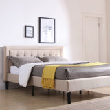 Mornington Upholstered Platform Bed | Headboard and Metal Frame with Wood Slat Support | Linen, Queen