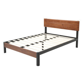 DeCoro Portland Wood Slat and Metal Platform Bed Frame with Solid Wood Headboard | Mattress Foundation, Queen