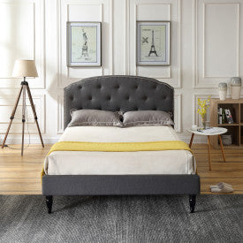 Cranleigh Upholstered Platform Bed | Headboard and Metal Frame with Wood Slat Support | Grey, Queen