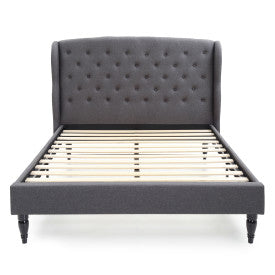 Coventry Upholstered Platform Bed | Headboard and Metal Frame with Wood Slat Support | Grey, Queen