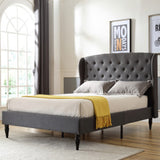 Coventry Upholstered Platform Bed | Headboard and Metal Frame with Wood Slat Support | Grey, Queen