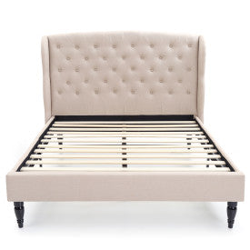 Coventry Upholstered Platform Bed | Headboard and Metal Frame with Wood Slat Support | Linen, Queen