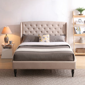 Coventry Upholstered Platform Bed | Headboard and Metal Frame with Wood Slat Support | Linen, Queen