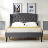 Brighton Upholstered Platform Bed | Headboard and Wood Frame with Wood Slat Support | Grey, Queen