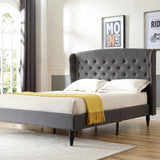 Brighton Upholstered Platform Bed | Headboard and Wood Frame with Wood Slat Support | Grey, Queen