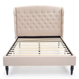 Brighton Upholstered Platform Bed | Headboard and Wood Frame with Wood Slat Support | Linen, Queen