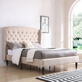 Brighton Upholstered Platform Bed | Headboard and Wood Frame with Wood Slat Support | Linen, Queen