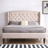 Brighton Upholstered Platform Bed | Headboard and Wood Frame with Wood Slat Support | Linen, Queen