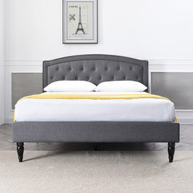 Wellesley Upholstered Platform Bed | Headboard and Metal Frame with Wood Slat Support | Grey, Queen