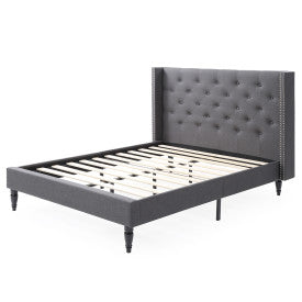 Berkeley Upholstered Platform Bed | Headboard and Wood Frame with Wood Slat Support | Grey, Queen