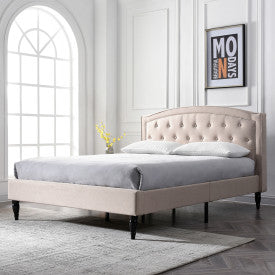 Wellesley Upholstered Platform Bed | Headboard and Metal Frame with Wood Slat Support | Linen, Queen